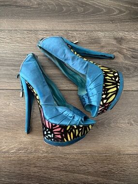 2 Lips Too Teal Blue Satin Colorful Abstract Peep-Toe Platform Heels